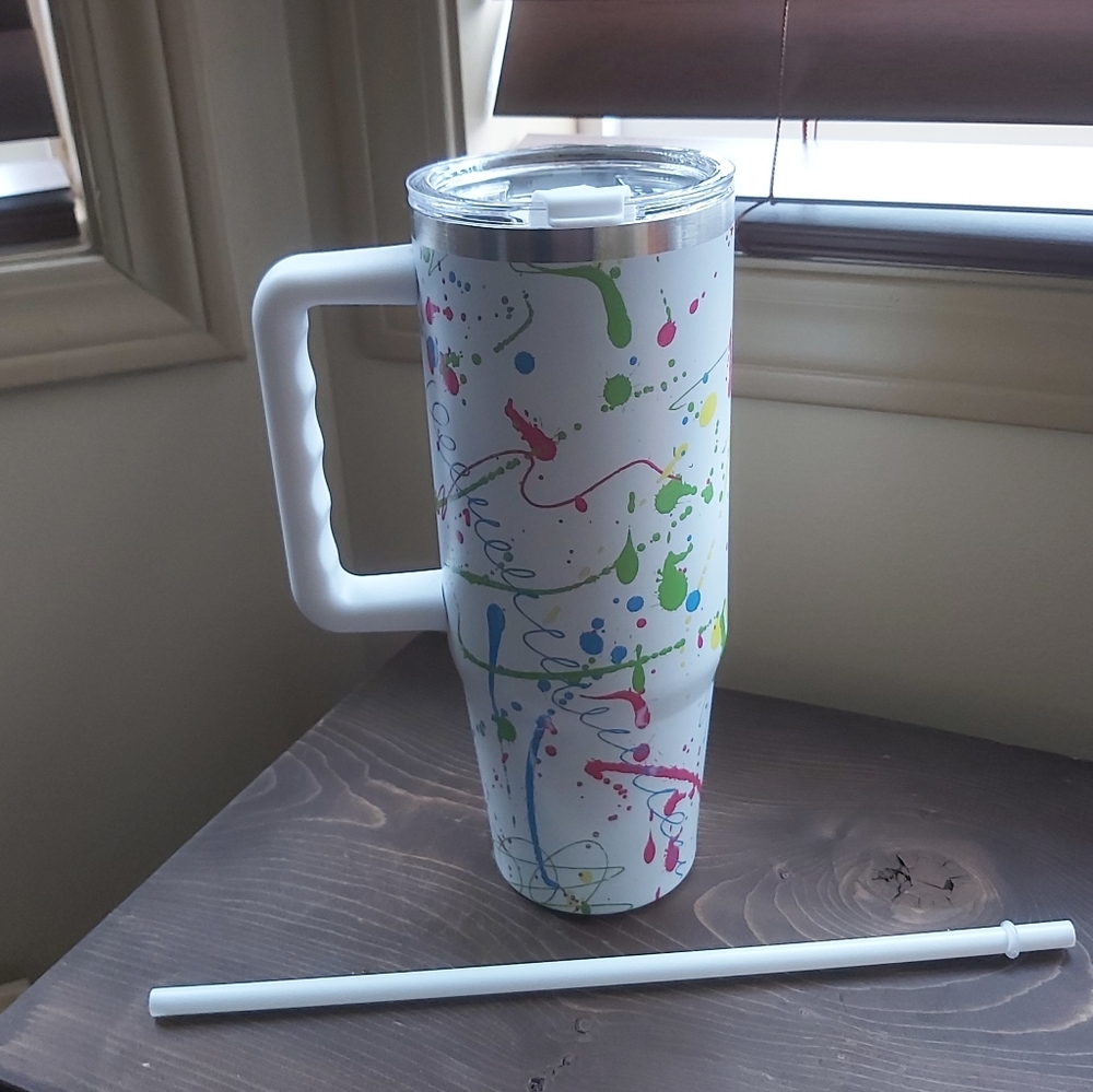 Ashland White Travel Cup with Multicolor Paint Splatter Design